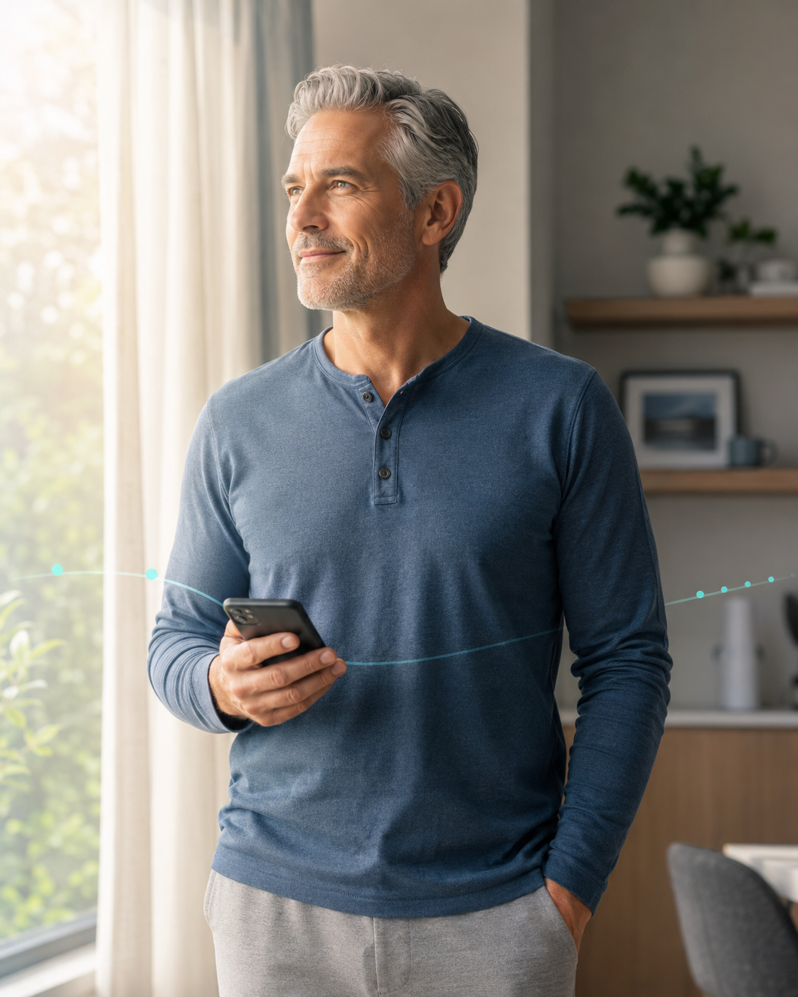 Mature adult standing by a bright window in the morning, holding a phone, with a subtle wellness line overlay.