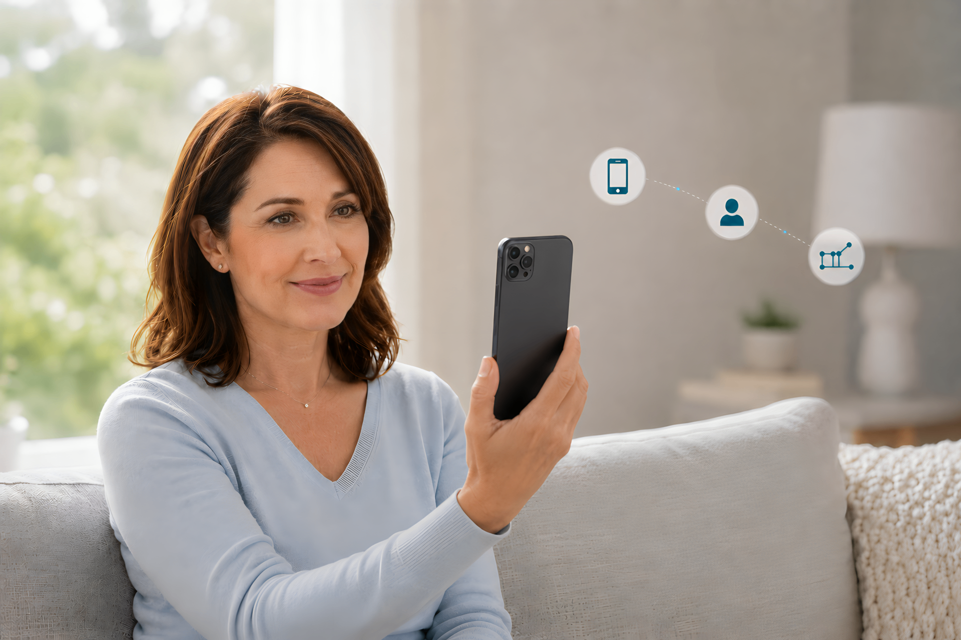 Person using a smartphone camera for a guided JBA AI wellness check-in at home.