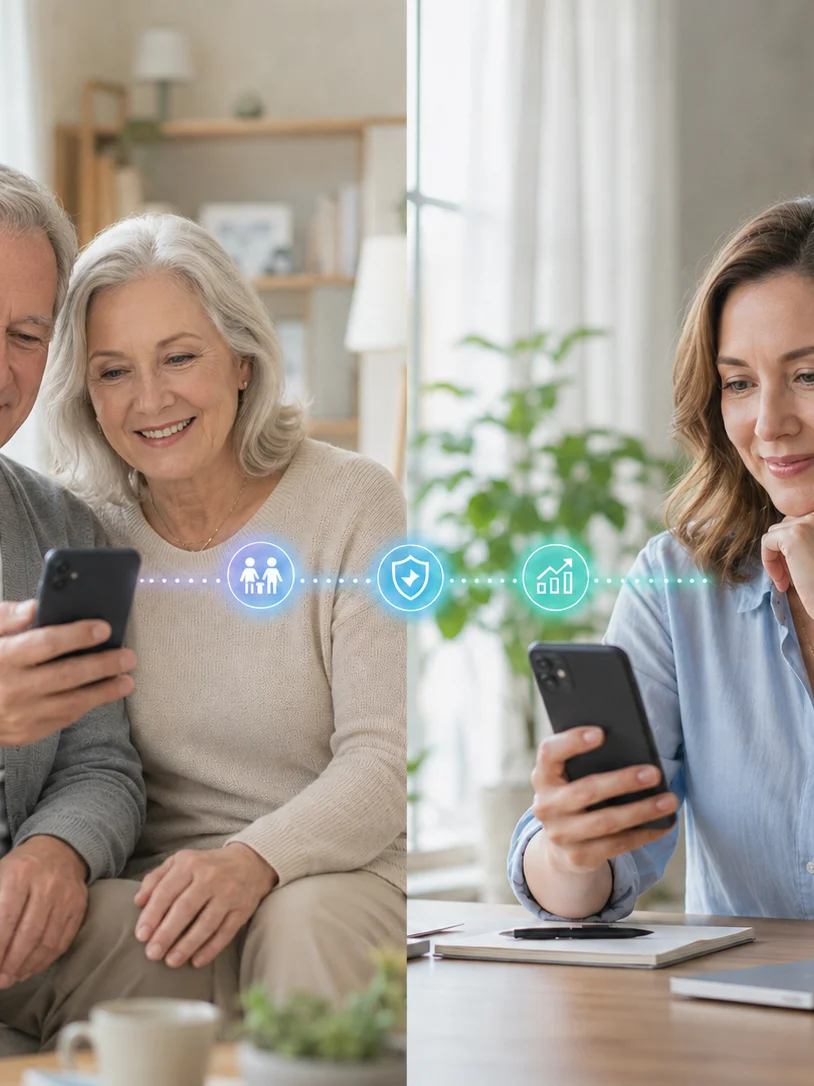 Parents at home and an adult child in another home, each holding a phone, quietly staying connected.