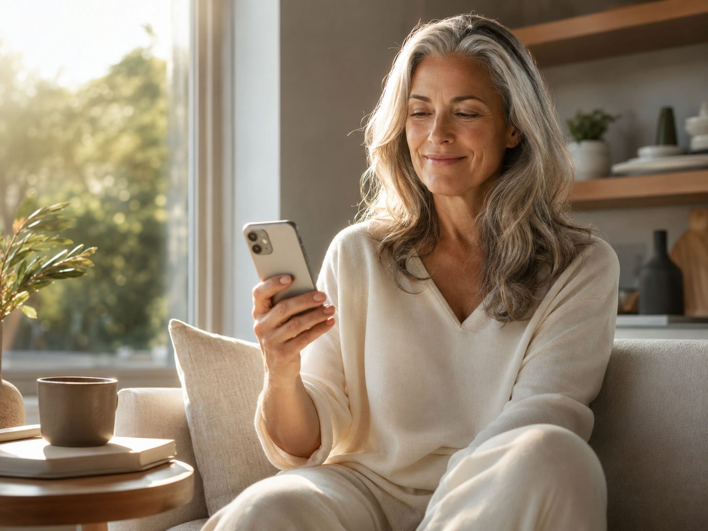 A woman sits by a bright morning window, gently checking her phone.