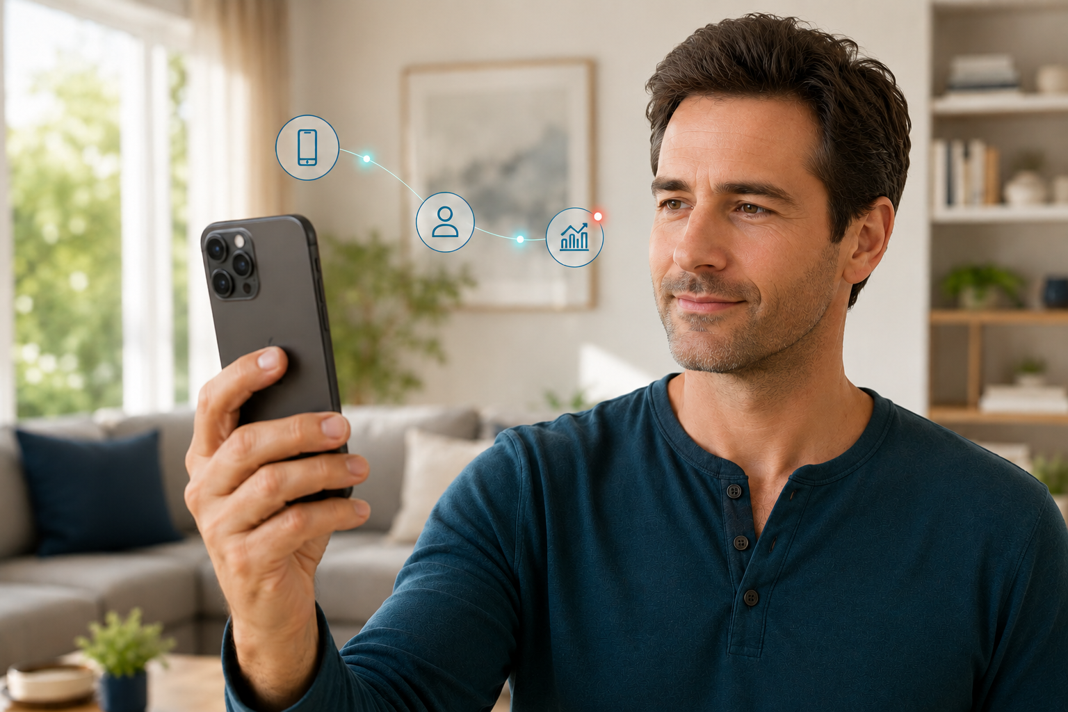 An adult using their phone at home to start a guided camera experience with JBA AI.