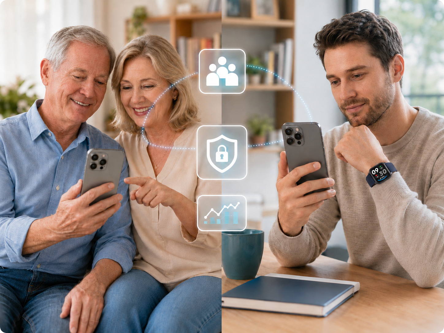 Parents at home reviewing their JBA AI profile together while their adult son remotely views the shared family health overview on his phone.
