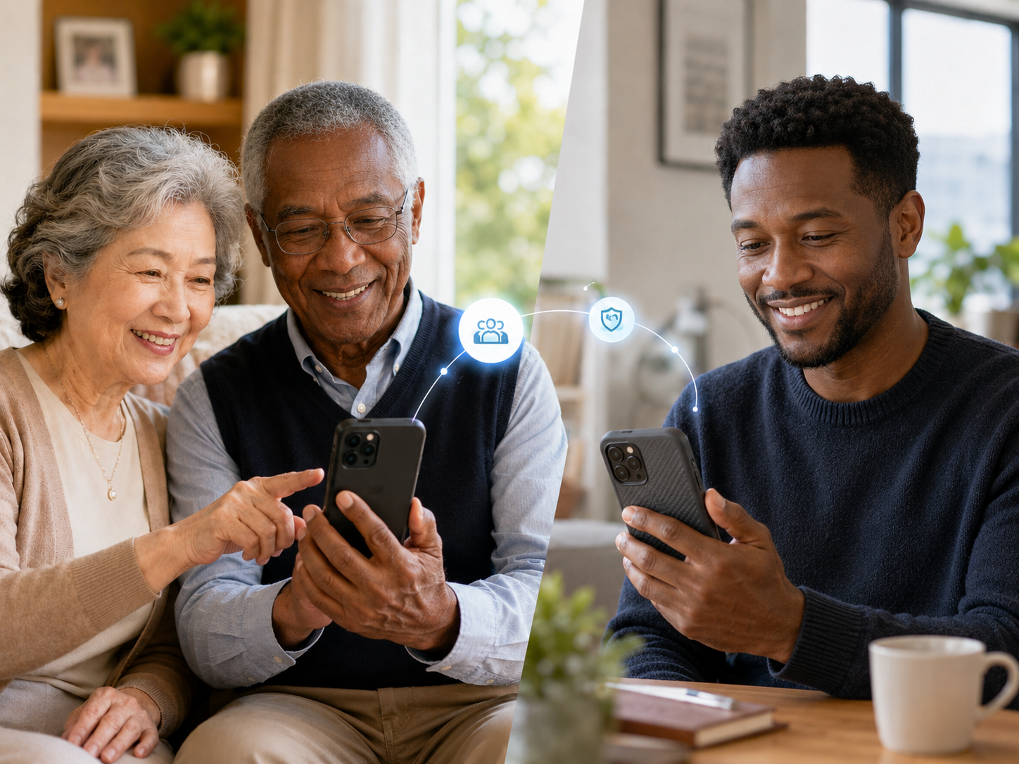 Parents in one home and an adult child in another look at a shared health profile on their phones.