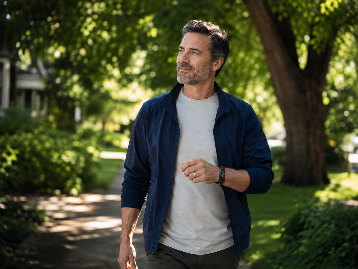 An adult walks outdoors wearing a Band on the wrist.