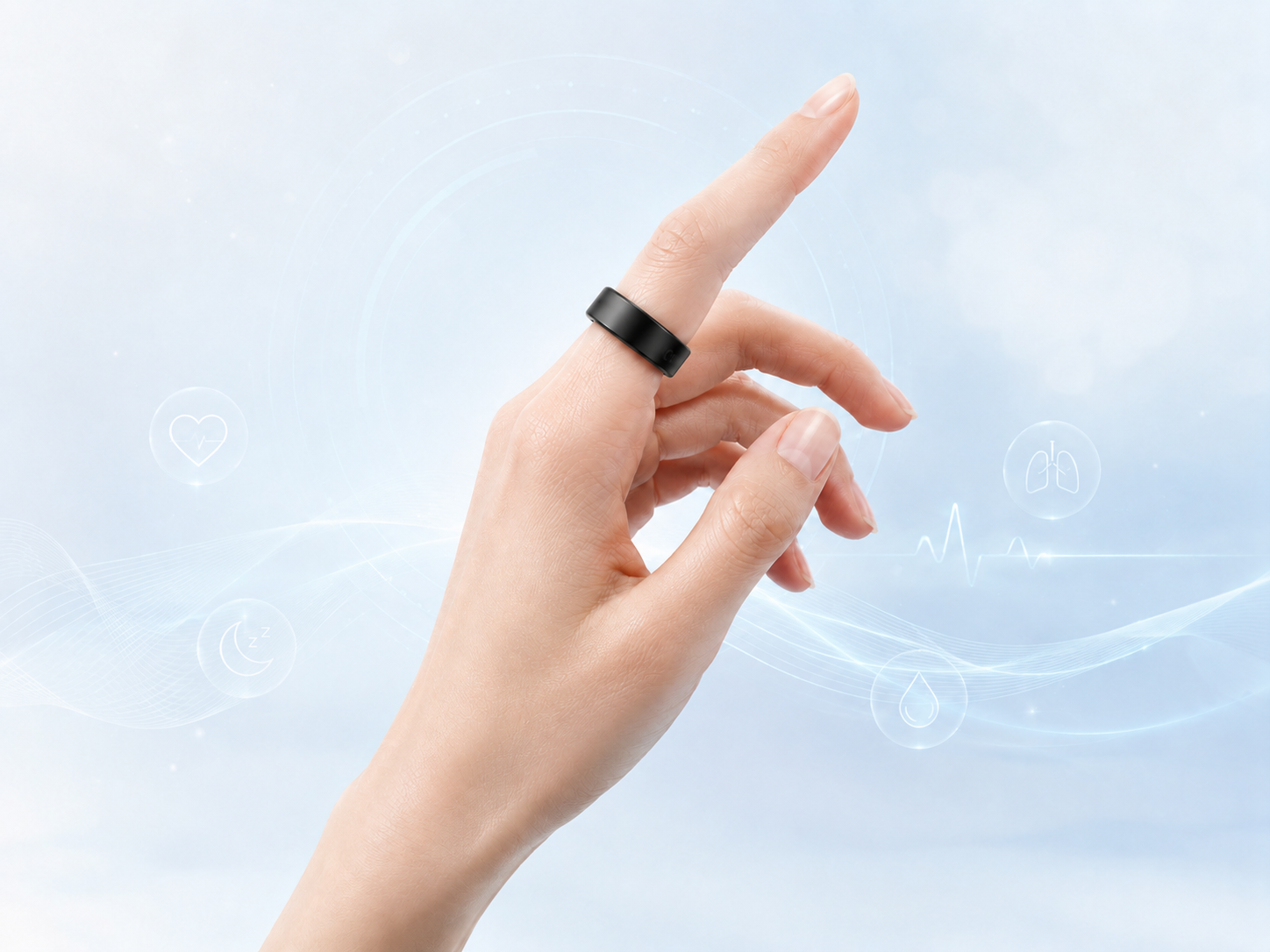 Illustration of a hand with the Ring worn on the left index finger.